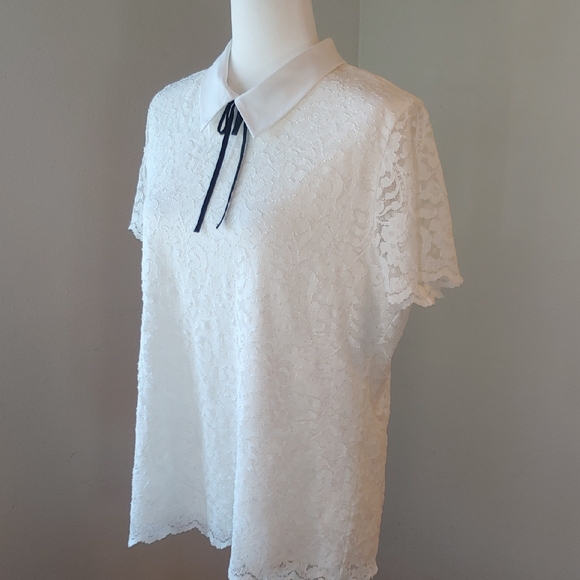 Karl Lagerfeld White Lace Women's Top with Fold Collar and Bow Size Large - Picture 9 of 16